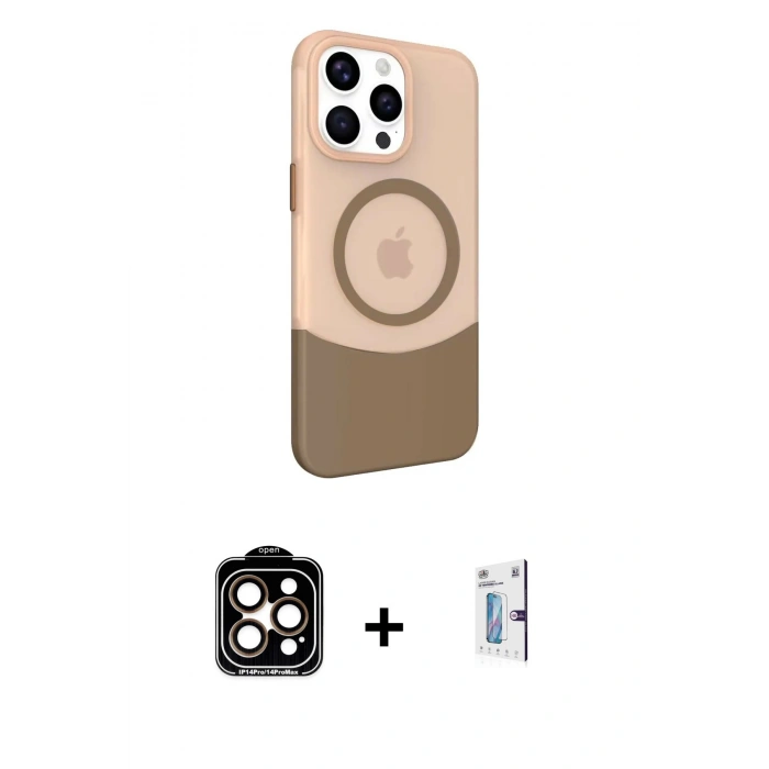 MARSİLYAN™- iPhone 15 Pro Max Kılıf Çekirdek Asil Özel Seri - Siyah Bilvis 0.18mm Plus Cam Ekran Koruyucu + Turuncu PVD Metal Kamera Lens