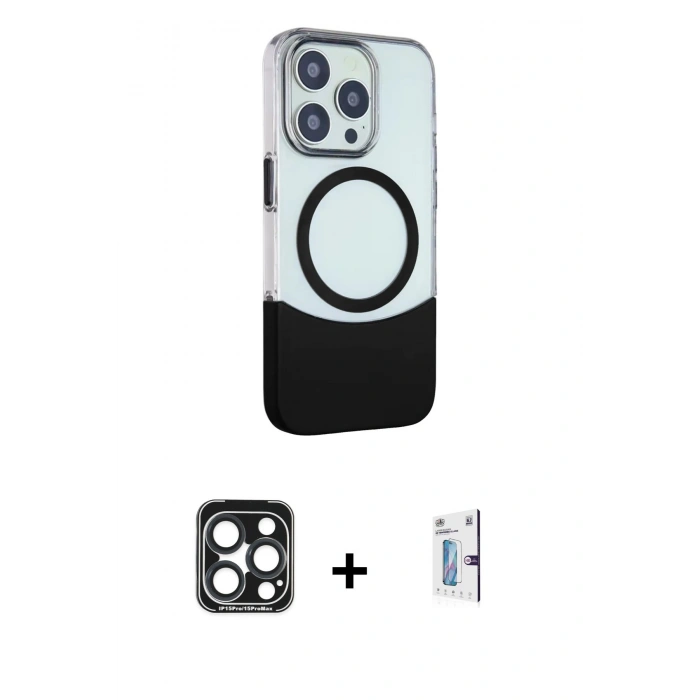 MARSİLYAN™- iPhone 15 Pro Max Kılıf Çekirdek Asil Özel Seri - Siyah Bilvis 0.18mm Plus Cam Ekran Koruyucu + PVD Metal Kamera Lens - LT