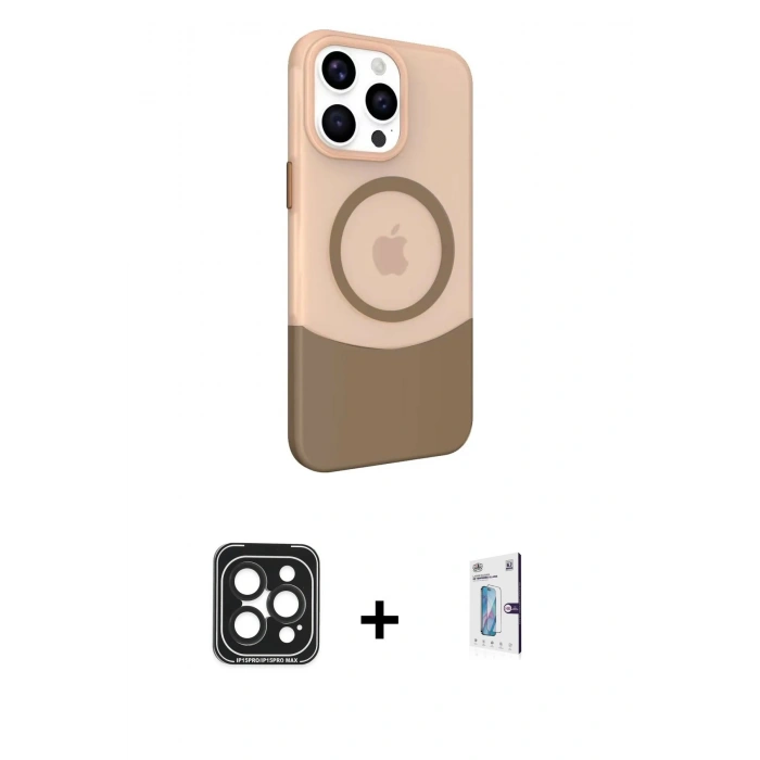 MARSİLYAN™- iPhone 15 Pro Max Kılıf Çekirdek Asil Özel Seri - Siyah Bilvis 0.18mm Plus Cam Ekran Koruyucu + PVD Metal Kamera Lens - SH