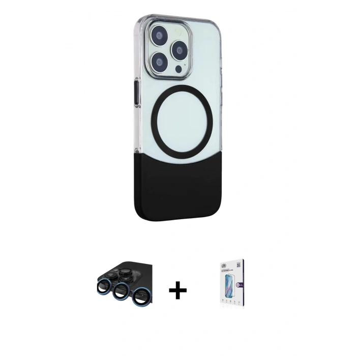 MARSİLYAN™- iPhone 15 Pro Max Kılıf Çekirdek Asil Özel Seri - Siyah Bilvis 0.18mm Plus Cam Ekran Koruyucu + Raze Metal Kamera Lens - LT