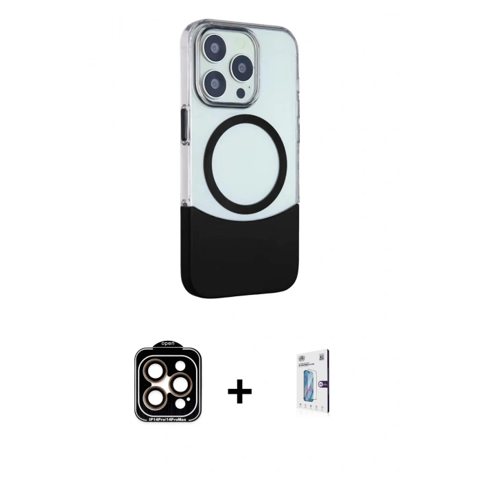 MARSİLYAN™- iPhone 15 Pro Max Kılıf Çekirdek Asil Özel Seri - Siyah Bilvis 0.18mm Plus Cam Ekran Koruyucu + Turuncu PVD Metal Kamera Lens