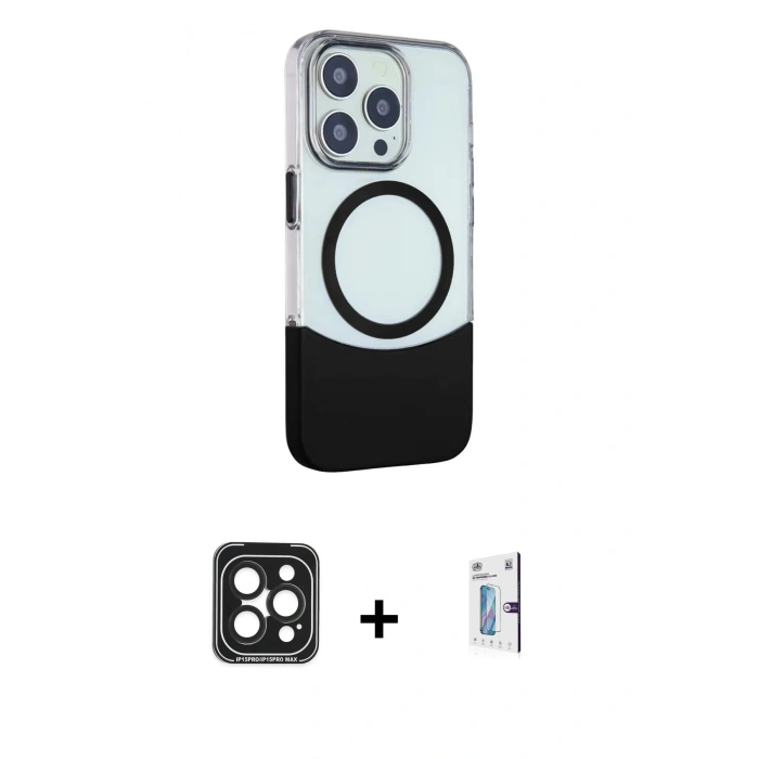 MARSİLYAN™- iPhone 15 Pro Max Kılıf Çekirdek Asil Özel Seri - Siyah Bilvis 0.18mm Plus Cam Ekran Koruyucu + PVD Metal Kamera Lens - SH