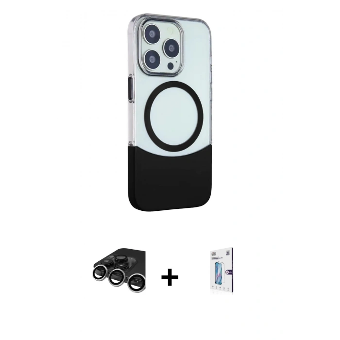 MARSİLYAN™- iPhone 15 Pro Max Kılıf Çekirdek Asil Özel Seri - Siyah Bilvis 0.18mm Plus Cam Ekran Koruyucu + Raze Metal Kamera Lens - GS