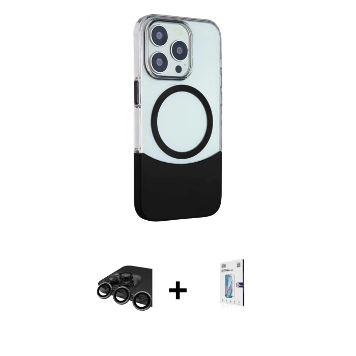 MARSİLYAN™- iPhone 15 Pro Max Kılıf Çekirdek Asil Özel Seri - Siyah Bilvis 0.18mm Plus Cam Ekran Koruyucu + Raze Metal Kamera Lens - TMGI