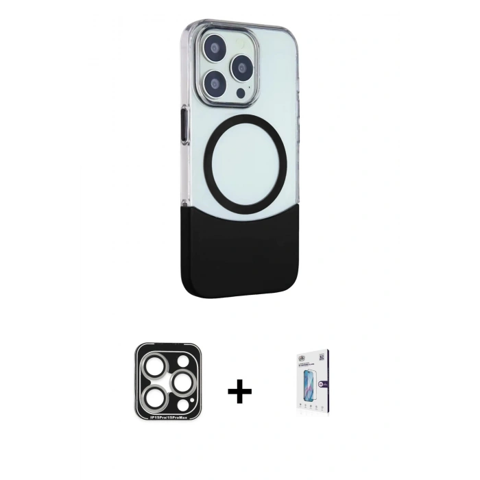 MARSİLYAN™- iPhone 15 Pro Max Kılıf Çekirdek Asil Özel Seri - Siyah Bilvis 0.18mm Plus Cam Ekran Koruyucu + PVD Metal Kamera Lens - GS