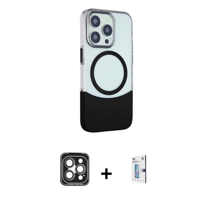 MARSİLYAN™- iPhone 15 Pro Max Kılıf Çekirdek Asil Özel Seri - Siyah Bilvis 0.18mm Plus Cam Ekran Koruyucu + PVD Metal Kamera Lens - GI