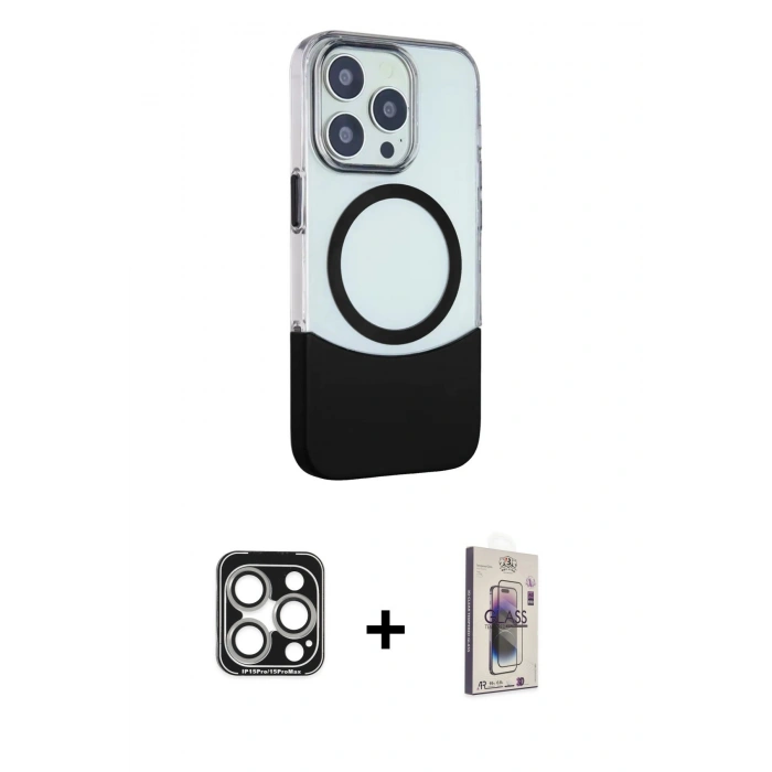 MARSİLYAN™- iPhone 15 Pro Max Kılıf Çekirdek Asil Özel Seri - Siyah Bilvis 3D Cam Ekran Koruyucu + PVD Metal Kamera Lens - GS