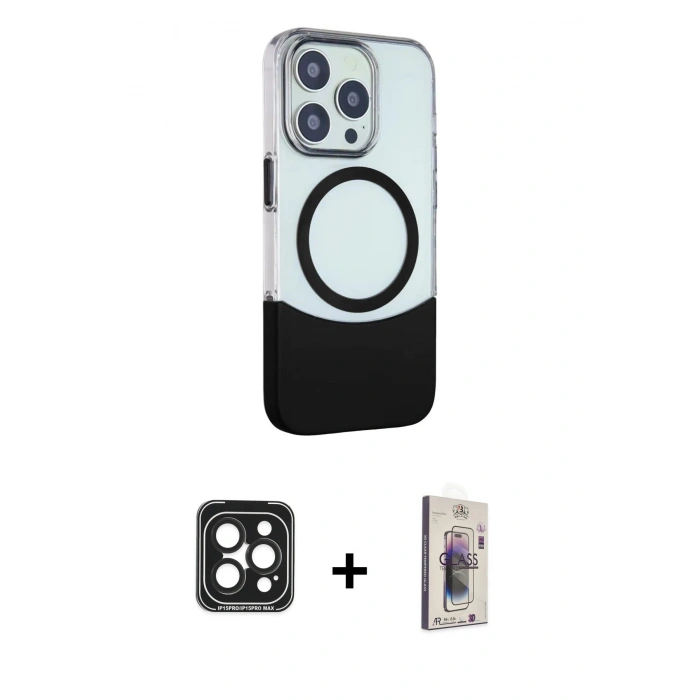 MARSİLYAN™- iPhone 15 Pro Max Kılıf Çekirdek Asil Özel Seri - Siyah Bilvis 3D Cam Ekran Koruyucu + PVD Metal Kamera Lens - SH