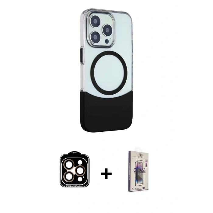 MARSİLYAN™- iPhone 15 Pro Max Kılıf Çekirdek Asil Özel Seri - Siyah Bilvis 3D Cam Ekran Koruyucu + PVD Metal Kamera Lens - TU