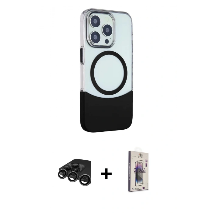 MARSİLYAN™- iPhone 15 Pro Max Kılıf Çekirdek Asil Özel Seri - Siyah Bilvis 3D Cam Ekran Koruyucu + Raze Metal Kamera Lens - TMGI