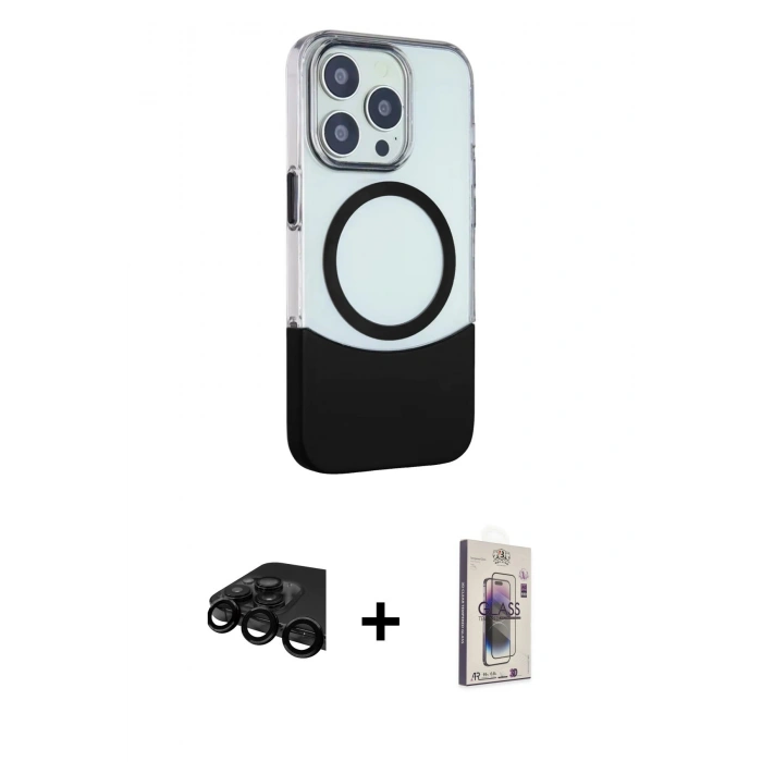 MARSİLYAN™- iPhone 15 Pro Max Kılıf Çekirdek Asil Özel Seri - Siyah Bilvis 3D Cam Ekran Koruyucu + Raze Metal Kamera Lens - SH