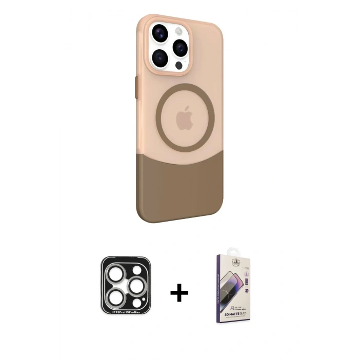 MARSİLYAN™- iPhone 15 Pro Max Kılıf Çekirdek Asil Özel Seri - Siyah Bilvis 3D Mat Cam Ekran Koruyucu + PVD Metal Kamera Lens - GS