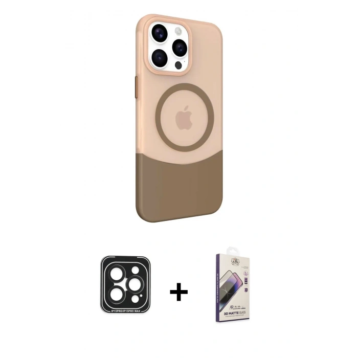 MARSİLYAN™- iPhone 15 Pro Max Kılıf Çekirdek Asil Özel Seri - Siyah Bilvis 3D Mat Cam Ekran Koruyucu + PVD Metal Kamera Lens - SH