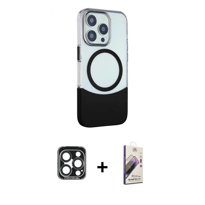 MARSİLYAN™- iPhone 15 Pro Max Kılıf Çekirdek Asil Özel Seri - Siyah Bilvis 3D Mat Cam Ekran Koruyucu + PVD Metal Kamera Lens - LT