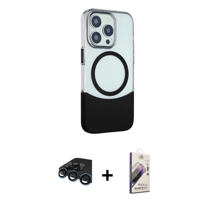 MARSİLYAN™- iPhone 15 Pro Max Kılıf Çekirdek Asil Özel Seri - Siyah Bilvis 3D Mat Cam Ekran Koruyucu + Raze Metal Kamera Lens - LT