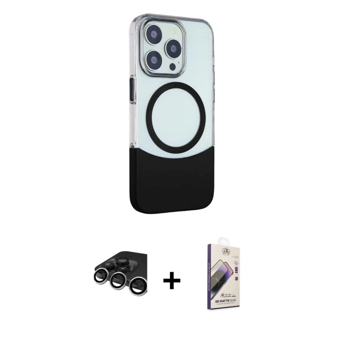 MARSİLYAN™- iPhone 15 Pro Max Kılıf Çekirdek Asil Özel Seri - Siyah Bilvis 3D Mat Cam Ekran Koruyucu + Raze Metal Kamera Lens - GS