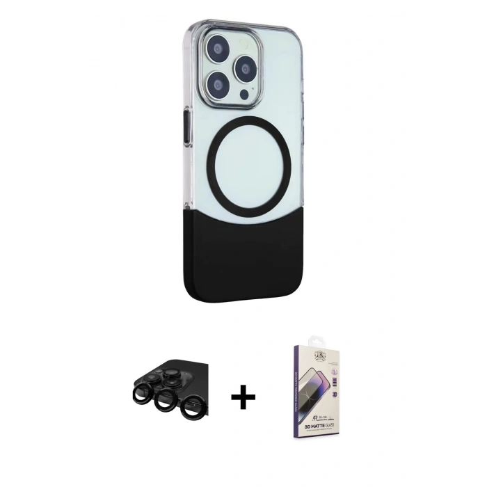MARSİLYAN™- iPhone 15 Pro Max Kılıf Çekirdek Asil Özel Seri - Siyah Bilvis 3D Mat Cam Ekran Koruyucu + Raze Metal Kamera Lens - SH