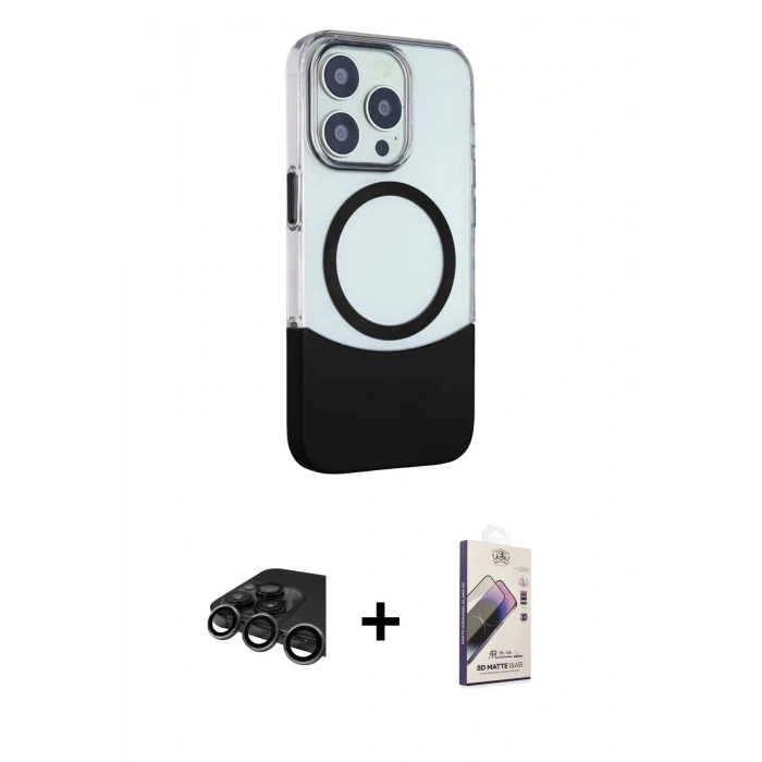 MARSİLYAN™- iPhone 15 Pro Max Kılıf Çekirdek Asil Özel Seri - Siyah Bilvis 3D Mat Cam Ekran Koruyucu + Raze Metal Kamera Lens - TMGI