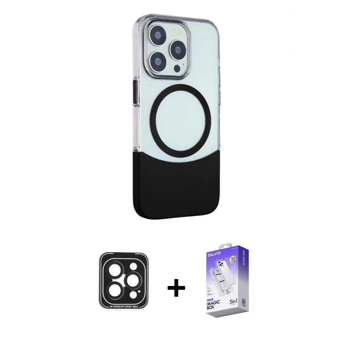 MARSİLYAN™- iPhone 15 Pro Max Kılıf Çekirdek Asil Özel Seri - Siyah Bilvis 5in1 3D Magic Cam Ekran Koruyucu + PVD Metal Kamera Lens - SH
