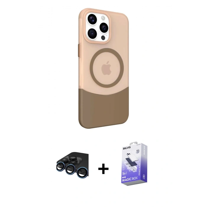 MARSİLYAN™- iPhone 15 Pro Max Kılıf Çekirdek Asil Özel Seri - Siyah Bilvis 5in1 5D Magic Hayalet Cam Ekran Koruyucu + Lacivert Raze Metal Kamera Lens