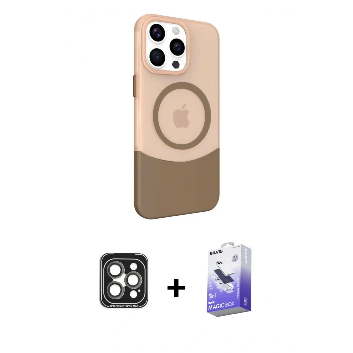 MARSİLYAN™- iPhone 15 Pro Max Kılıf Çekirdek Asil Özel Seri - Siyah Bilvis 5in1 5D Magic Hayalet Cam Ekran Koruyucu + PVD Metal Kamera Lens - GI