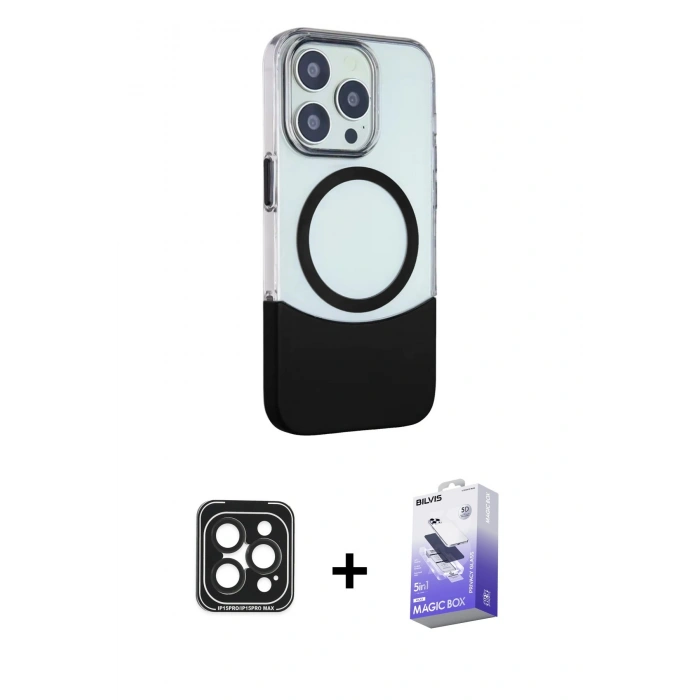 MARSİLYAN™- iPhone 15 Pro Max Kılıf Çekirdek Asil Özel Seri - Siyah Bilvis 5in1 5D Magic Hayalet Cam Ekran Koruyucu + PVD Metal Kamera Lens - SH