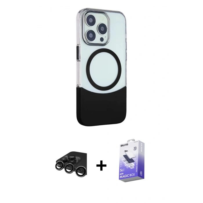 MARSİLYAN™- iPhone 15 Pro Max Kılıf Çekirdek Asil Özel Seri - Siyah Bilvis 5in1 5D Magic Hayalet Cam Ekran Koruyucu + Titanyum Gri Raze Metal Kamera Lens