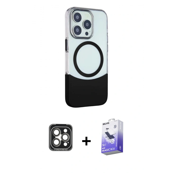 MARSİLYAN™- iPhone 15 Pro Max Kılıf Çekirdek Asil Özel Seri - Siyah Bilvis 5in1 5D Magic Hayalet Cam Ekran Koruyucu + PVD Metal Kamera Lens - GI