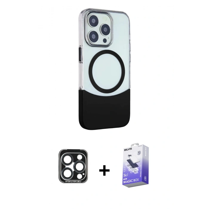 MARSİLYAN™- iPhone 15 Pro Max Kılıf Çekirdek Asil Özel Seri - Siyah Bilvis 5in1 5D Magic Hayalet Cam Ekran Koruyucu + PVD Metal Kamera Lens - LT