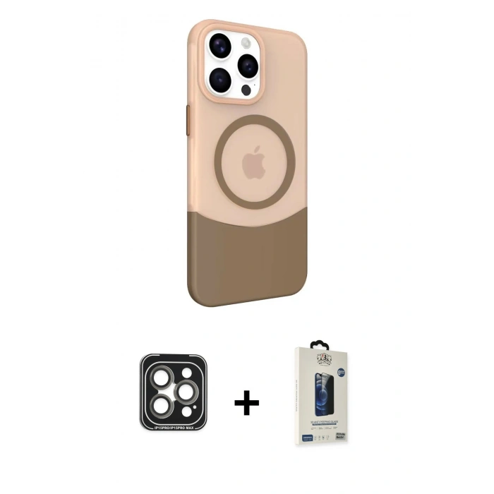 MARSİLYAN™- iPhone 15 Pro Max Kılıf Çekirdek Asil Özel Seri - Siyah Bilvis Hayalet Cam Ekran Koruyucu + Gri PVD Metal Kamera Lens