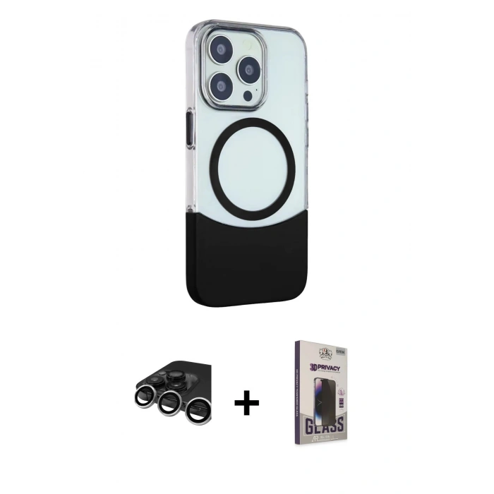 MARSİLYAN™- iPhone 15 Pro Max Kılıf Çekirdek Asil Özel Seri - Siyah Bilvis Hayalet Cam Ekran Koruyucu + Raze Metal Kamera Lens - GS