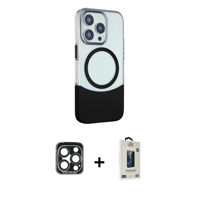 MARSİLYAN™- iPhone 15 Pro Max Kılıf Çekirdek Asil Özel Seri - Siyah Bilvis Hayalet Cam Ekran Koruyucu + PVD Metal Kamera Lens - LT