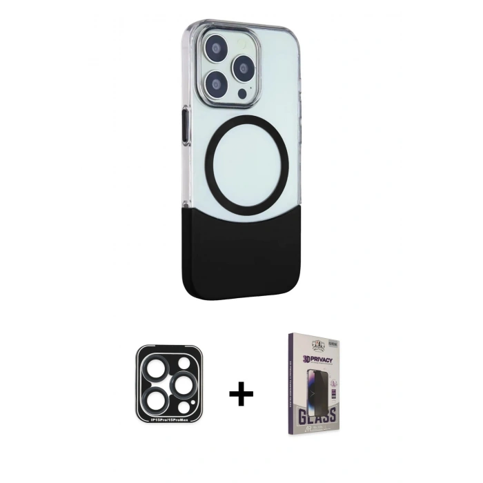 MARSİLYAN™- iPhone 15 Pro Max Kılıf Çekirdek Asil Özel Seri - Siyah Bilvis Hayalet Cam Ekran Koruyucu + PVD Metal Kamera Lens - LT