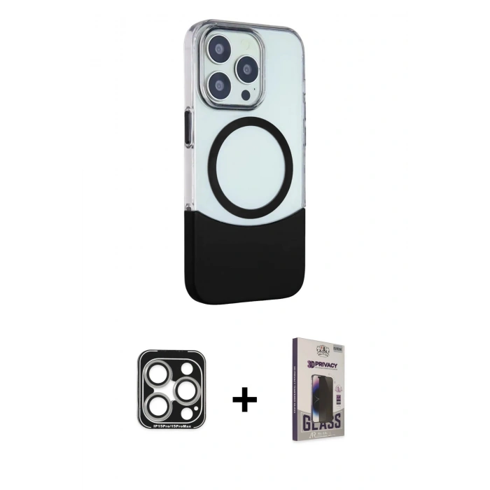 MARSİLYAN™- iPhone 15 Pro Max Kılıf Çekirdek Asil Özel Seri - Siyah Bilvis Hayalet Cam Ekran Koruyucu + PVD Metal Kamera Lens - GS
