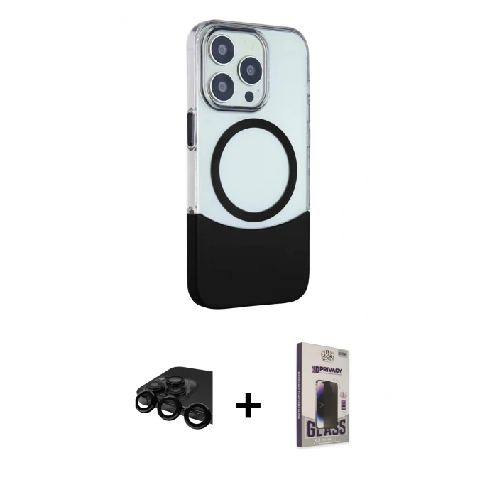MARSİLYAN™- iPhone 15 Pro Max Kılıf Çekirdek Asil Özel Seri - Siyah Bilvis Hayalet Cam Ekran Koruyucu + Raze Metal Kamera Lens - SH