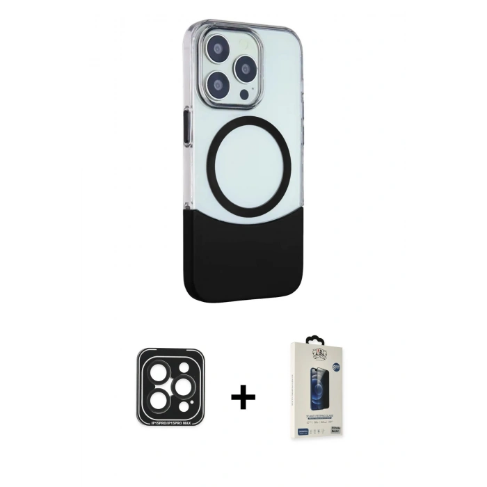 MARSİLYAN™- iPhone 15 Pro Max Kılıf Çekirdek Asil Özel Seri - Siyah Bilvis Hayalet Cam Ekran Koruyucu + PVD Metal Kamera Lens - SH