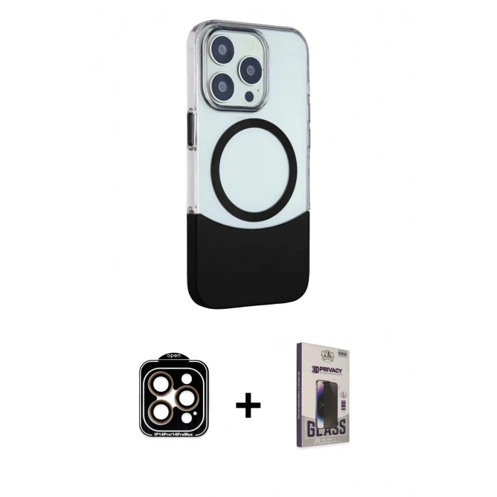 MARSİLYAN™- iPhone 15 Pro Max Kılıf Çekirdek Asil Özel Seri - Siyah Bilvis Hayalet Cam Ekran Koruyucu + PVD Metal Kamera Lens - TU