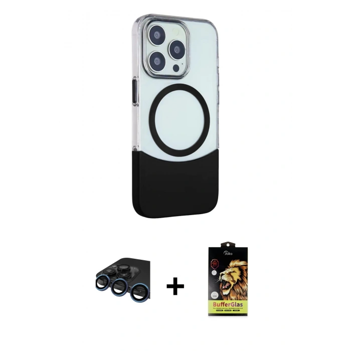 MARSİLYAN™- iPhone 15 Pro Max Kılıf Çekirdek Asil Özel Seri - Siyah Buffer Cam Ekran Koruyucu + Raze Metal Kamera Lens - LT