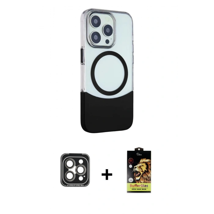 MARSİLYAN™- iPhone 15 Pro Max Kılıf Çekirdek Asil Özel Seri - Siyah Buffer Cam Ekran Koruyucu + PVD Metal Kamera Lens - GI