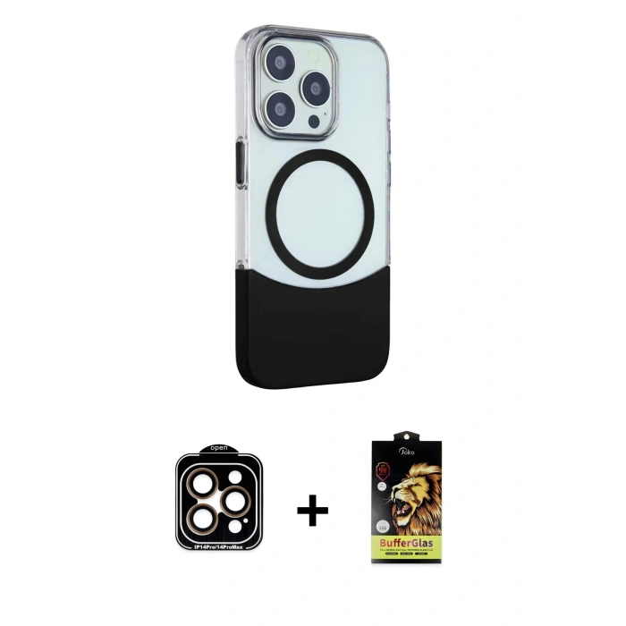 MARSİLYAN™- iPhone 15 Pro Max Kılıf Çekirdek Asil Özel Seri - Siyah Buffer Cam Ekran Koruyucu + PVD Metal Kamera Lens - TU