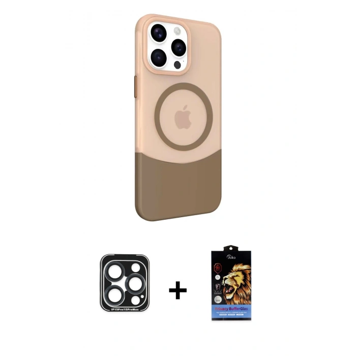 MARSİLYAN™- iPhone 15 Pro Max Kılıf Çekirdek Asil Özel Seri - Siyah Buffer Hayalet Cam Ekran Koruyucu + PVD Metal Kamera Lens - LT