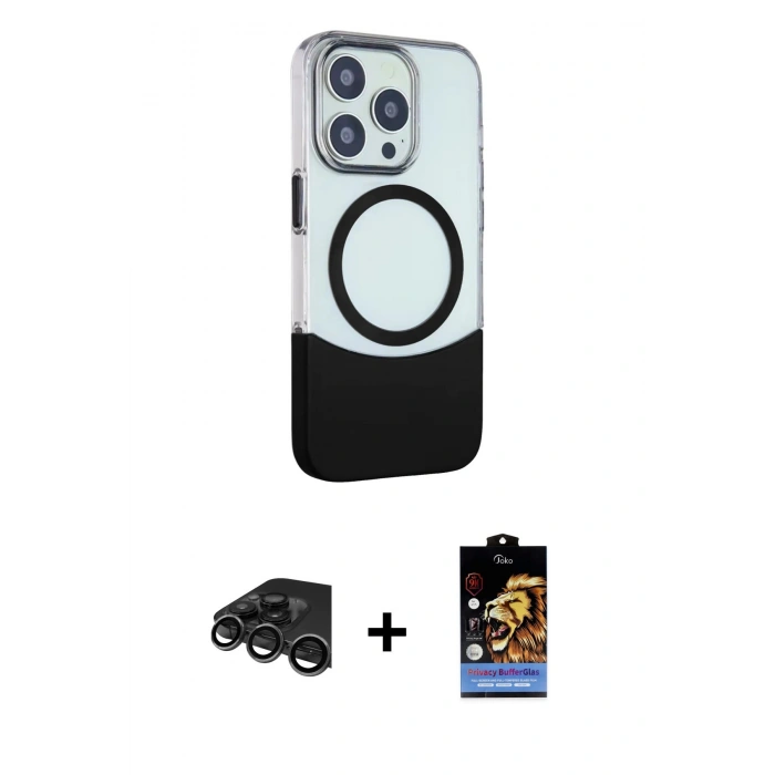 MARSİLYAN™- iPhone 15 Pro Max Kılıf Çekirdek Asil Özel Seri - Siyah Buffer Hayalet Cam Ekran Koruyucu + Raze Metal Kamera Lens - TMGI