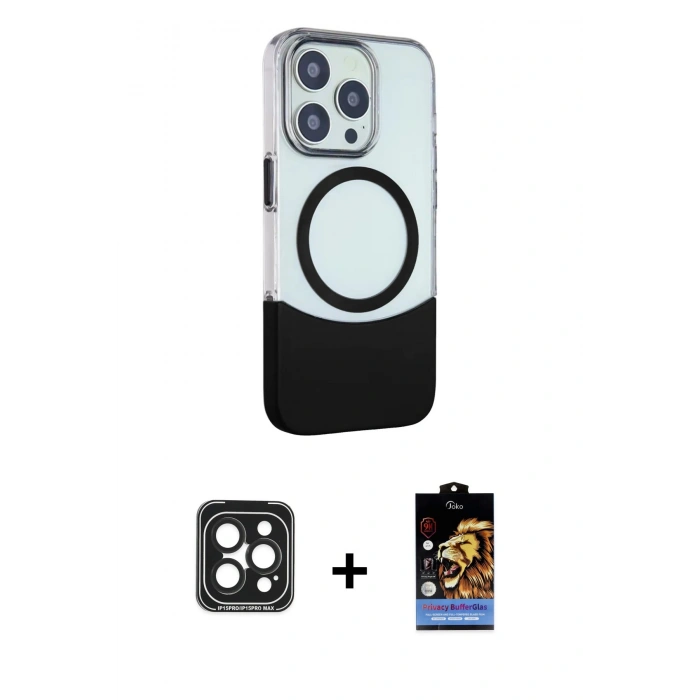 MARSİLYAN™- iPhone 15 Pro Max Kılıf Çekirdek Asil Özel Seri - Siyah Buffer Hayalet Cam Ekran Koruyucu + PVD Metal Kamera Lens - SH