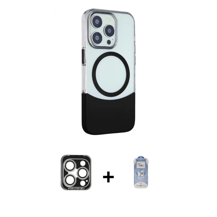MARSİLYAN™- iPhone 15 Pro Max Kılıf Çekirdek Asil Özel Seri - Siyah Joko Magic 5D Cam + PVD Metal Kamera Lens - GS