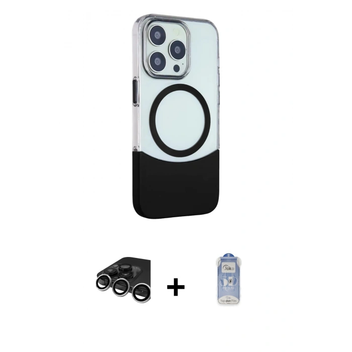 MARSİLYAN™- iPhone 15 Pro Max Kılıf Çekirdek Asil Özel Seri - Siyah Joko Magic 5D Cam + Gümüş Raze Metal Kamera Lens