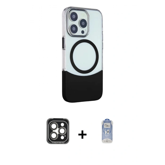 MARSİLYAN™- iPhone 15 Pro Max Kılıf Çekirdek Asil Özel Seri - Siyah Joko Magic 5D Cam + PVD Metal Kamera Lens - GI