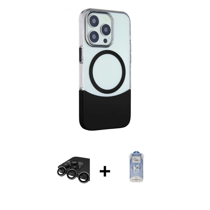 MARSİLYAN™- iPhone 15 Pro Max Kılıf Çekirdek Asil Özel Seri - Siyah Joko Magic 5D Cam + Titanyum Gri Raze Metal Kamera Lens
