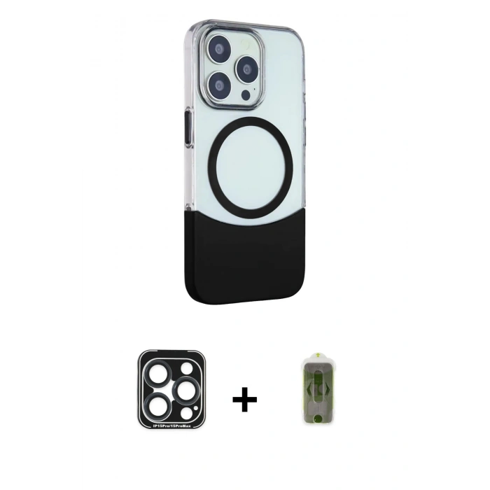 MARSİLYAN™- iPhone 15 Pro Max Kılıf Çekirdek Asil Özel Seri - Siyah Joko Magic 5D Hayalet Cam + PVD Metal Kamera Lens - LT