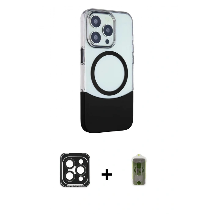 MARSİLYAN™- iPhone 15 Pro Max Kılıf Çekirdek Asil Özel Seri - Siyah Joko Magic 5D Hayalet Cam + PVD Metal Kamera Lens - SH