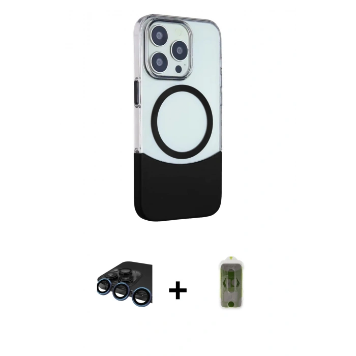 MARSİLYAN™- iPhone 15 Pro Max Kılıf Çekirdek Asil Özel Seri - Siyah Joko Magic 5D Hayalet Cam + Raze Metal Kamera Lens - LT